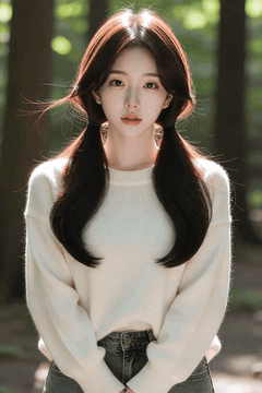 AI generated video: A young woman with long bifurcated hair is standing in the woods, The fine…