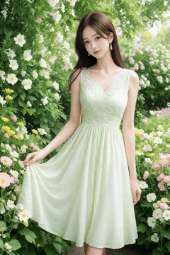 AI generated video: A young woman standing in a field of flowers lifts her dress skirt slightly…