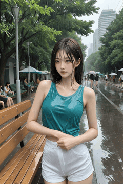 AI generated video: A young woman standing on a raining street is standing still,, Raindrops fall…