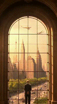 AI生成视频：Epic period drama, 1934 imperial office with panoramic windows, golden…