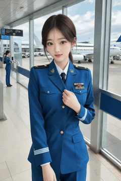 AI generated video: A young woman at the airport gate is refining her uniform, the soft wind shakes…