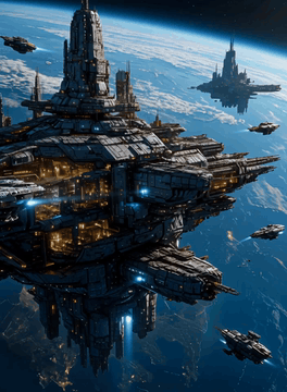 AI generated video: z1os, A colossal space station drifts above a blue, cloud-streaked planet, its…