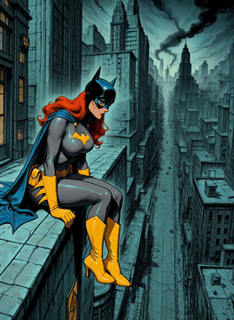 AI generated video: BD-Batgirl sits on the ledge with a sullen and morose disposition to ignore the…