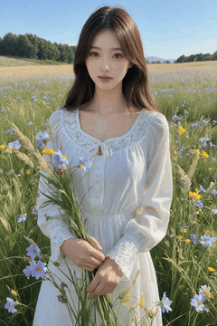 AI generated video: A young woman in a white dress is standing with a bouquet of wild flowers, The…