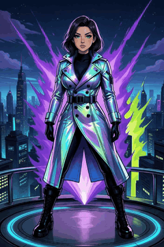 AI generated video: Supermodel on a rooftop helipad under a cyberpunk sky, wearing a sharp…