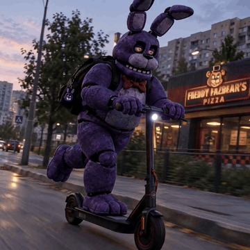 AI generated video: Bonnie from Five Nights at Freddy’s rides an electric scooter down a city…