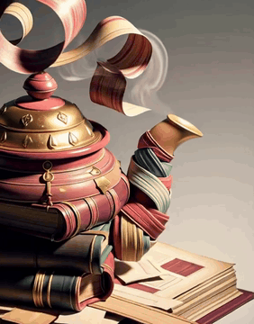 AI generated video: BooksWorld, a plump teapot built from stacked miniature leather-bound volumes…