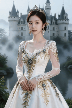 AI generated video: The princess is standing by the lake in front of the castle, staring straight…