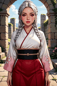 AI generated video: 1girl, narrow waist, skinny, silver hair, gray braids, braided bun, burgundy…