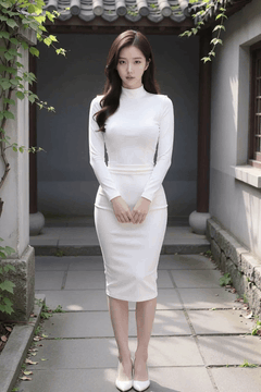 AI generated video: A woman in a white dress is standing in the yard, Surrounding ivy leaves are…