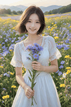 AI generated video: A young woman is standing in a field with a bouquet of flowers, hair blows in…