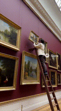 AI generated video: @marca on a ladder hangs an impressionist painting on a large wall at the…