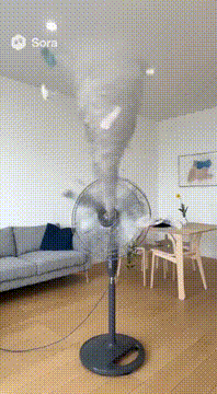 AI generated video: 扇風機が早すぎてトルネードになる