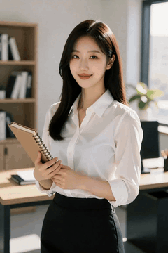 Видео, сгенерированное нейросетью: A young woman in the office is holding a notebook and smiling, soft sunlight…