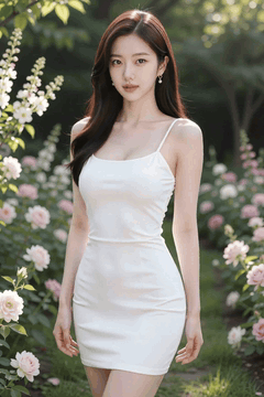 AI generated video: A woman in a white dress walks slowly in a field of flowers, Her hair is…