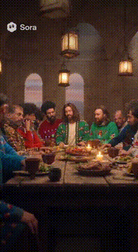 AI generated video: The Last Supper apostles wearing a ugly Christmas sweaters, they don't believe…
