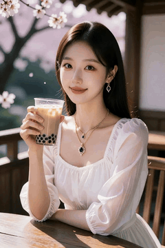 AI generated video: A young woman dressed in white holds a bubble tea and smiles, Cherry blossom…