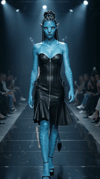 AI generated video: { "video_generation_prompt": { "metadata": { "title": "Na'vi Fashion Show Walk…