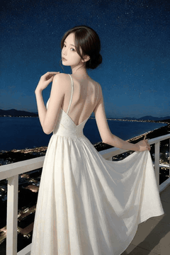 AI generated video: a woman wearing a white dress stood on the balcony and looked back, The dress…