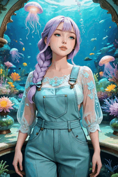 AI generated video: middle shot, Inside a soft aquarium garden with jellyfish chandeliers, a woman…