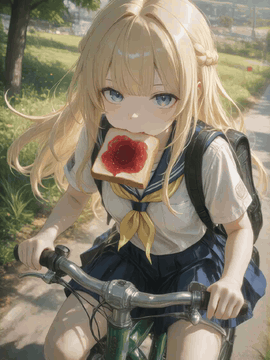 AI generated video: The girl pedals along the country road, her long blonde hair and yellow…