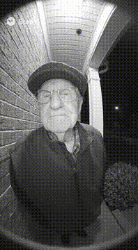 AI generated video: Black and white doorbell camera captures an old man. He says, “Steven here.” A…