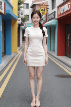 Видео, сгенерированное нейросетью: A young woman in a white mini dress stands in the middle of an alley and…