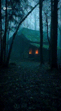 AI generated video: A cinematic 16:9 shot moving slowly through a dark, misty forest at dusk. The…