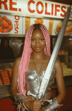 AI generated video: <picture-1>, A lady, pink hair with beads, smiling, swinging sword awkwardly…