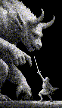 AI generated video: # Light in the Dark — Demon Lord vs Hero (B/W Dots) ## Subject / Scene Settings…