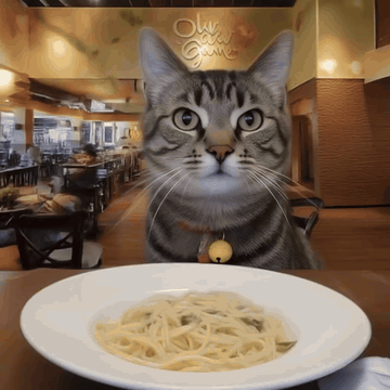 AI generated video: First-person POV date night at Olive Garden with a tabby cat sitting across the…
