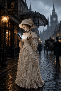 AI generated video: Cinematic digital art, anachronistic Victorian scene, a young woman standing in…