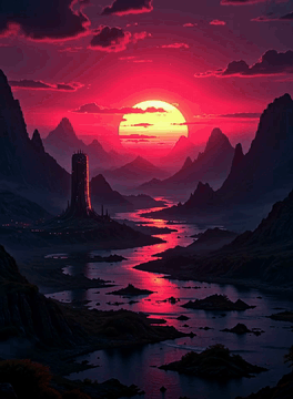 AI generated video: z1os, A blazing magenta sun dominates the horizon, flooding the sky with…