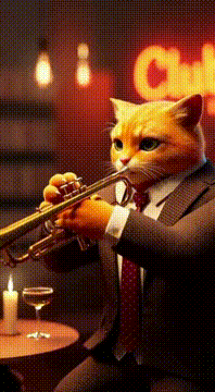 AI generated video: A yellow jazz cat gently playing a trumpet. Warm jazz club lighting…