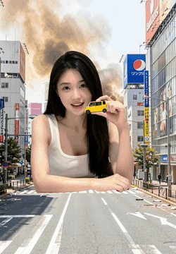 AI generated video: Enhanced prompt: Blend the giant woman into the photo seamlessly by making her…