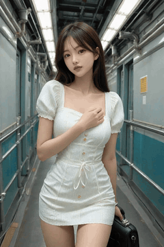 AI generated video: A woman in a white dress walks slowly inside the subway, The hair shakes…