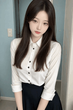 AI generated video: A woman with long brown hair is standing by the door and looking at the camera…