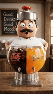 AI generated video: A comical caricature beverage dispenser modeled after a real man absurdly…