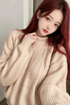 AI generated video: A red haired woman gently pulls the collar of a sweater, has long hair swaying…