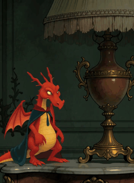 AI generated video: Subject and Wardrobe A tiny red dragon wearing a little velvet cape stands…
