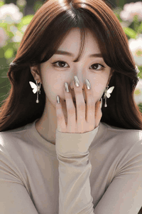 AI generated video: A young woman is standing still with her hands covering her mouth, My hair is…
