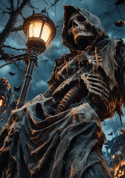 AI generated video: Spooky theremin music and distant wind. The skeletal reaper stands under the…