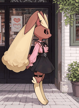 AI generated video: MakeLopunny walk elegantly on the sidewalk, her skirt an hears slightly wawing…