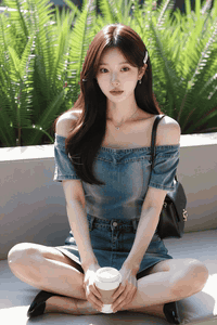 AI generated video: A young woman in a jeans dress is sitting cross legged and holding a coffee…