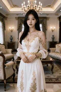 AI generated video: A woman with long dark hair stands gracefully, The hem of the dress sways…