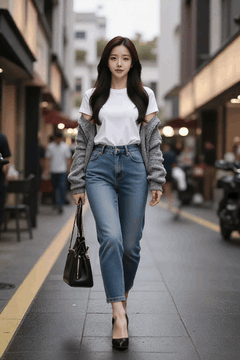 AI generated video: A young woman is walking on the street, Her long hair swings with her steps…