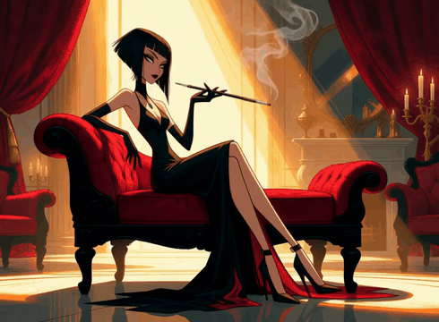 AI generated video: She is smoking a cigarette attached to a long, sleek, black cigarette holder as…
