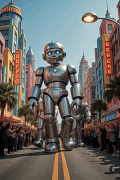 AI generated video: [Shot 1] furestify style, Scene: A vibrant retro-futuristic boulevard lined…
