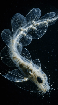 AI generated video: 10-second continuous shot. The translucent abyssal fish drifts slowly through…