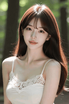 AI generated video: A young woman stands in the woods and smiles, the leaves around, with long hair…